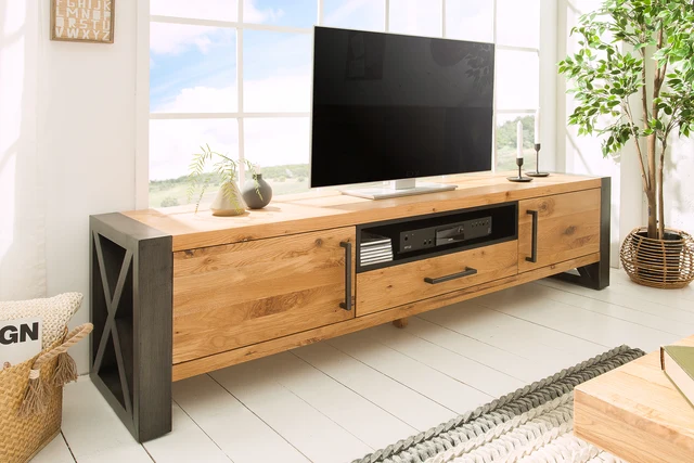 Nízký TV stolek THOR 200 cm z divokého dubu industriální styl