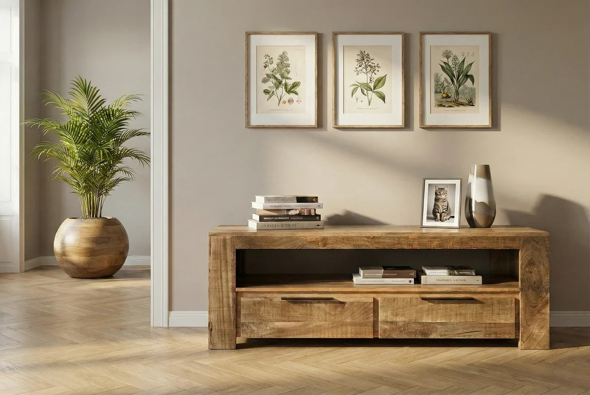 TV stolek IRON CRAFT 130 cm z mangového dřeva přírodní provedení industriální styl