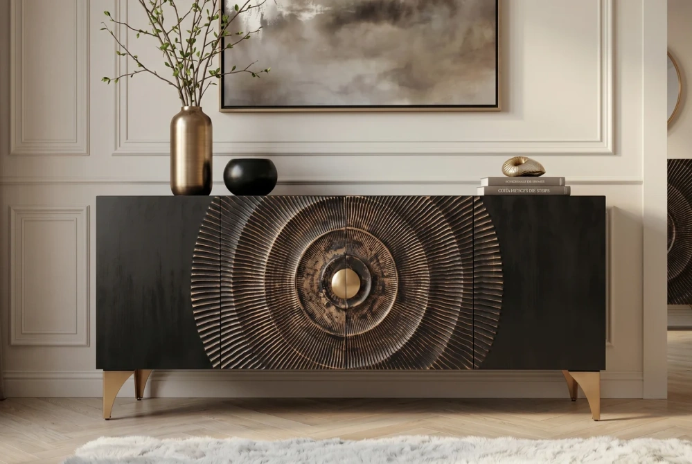 Komoda zlaté SUNSET 180 cm 3D mangové dřevo černé provedení