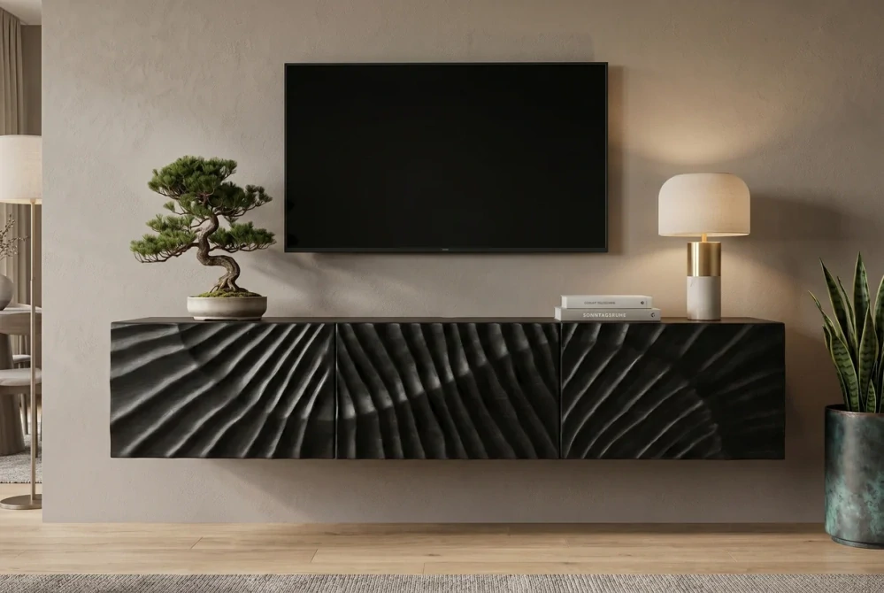 TV stolek SCORPION 160 cm 3D závěsné z mangového dřeva černé provedení