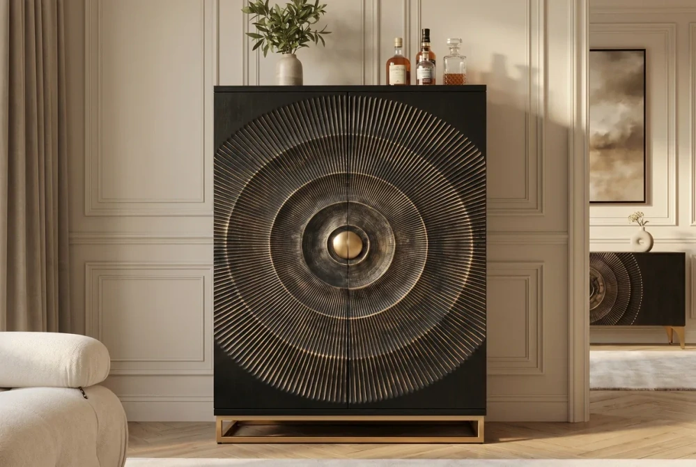 Bar skříňka zlaté SUNSET 140 cm 3D z mangového dřeva černé provedení