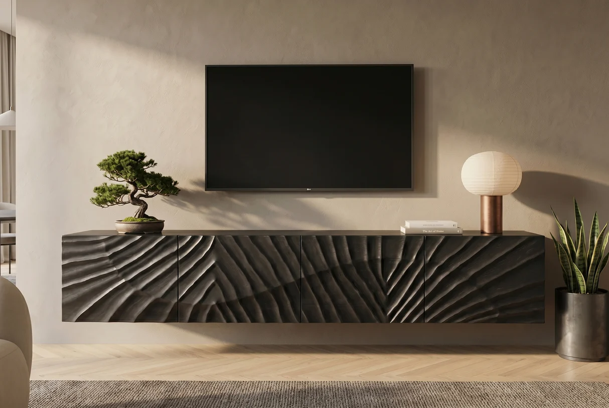 TV stolek SCORPION 200 cm 3D závěsné z mangového dřeva černé provedení