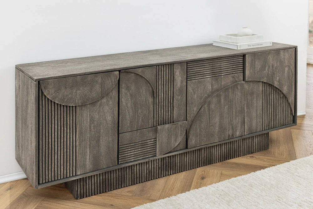 Komoda ART DECO 170 cm 3D z mangového dřeva kouřové šedé provedení vzhled