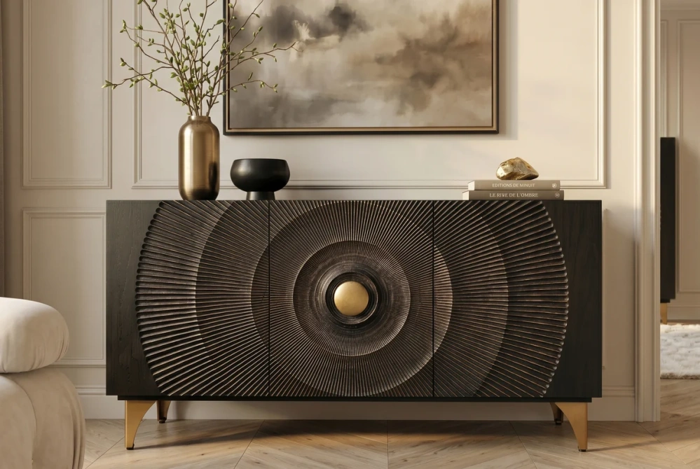 Komoda zlaté SUNSET 140 cm 3D z mangového dřeva černé provedení