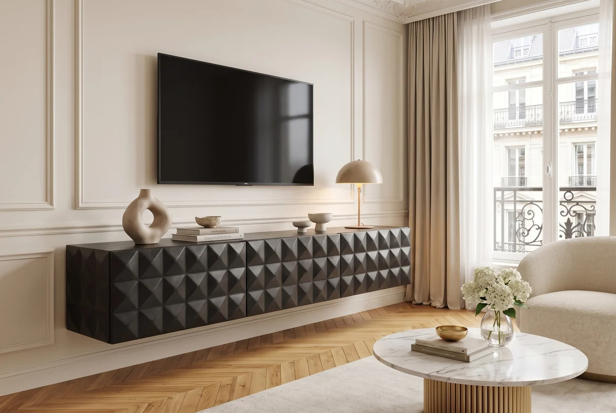 TV stolek VULCANO 160 cm 3D závěsné s cable hole z mangového dřeva černé provedení