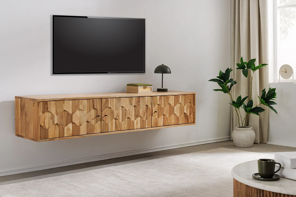 TV stolek MYSTIC LIVING 160 cm závěsné z akáciového dřeva přírodní provedení