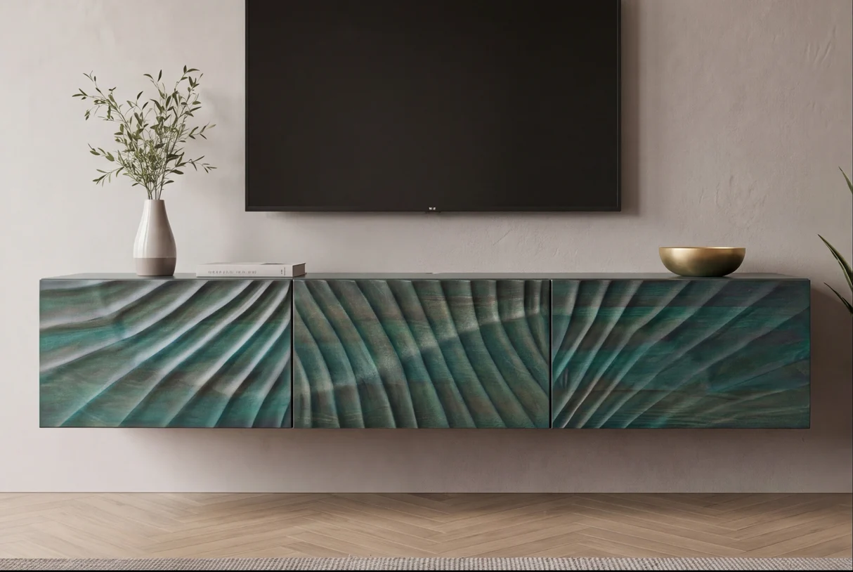 TV stolek SCORPION 160 cm 3D závěsné z mangového dřeva tyrkysové