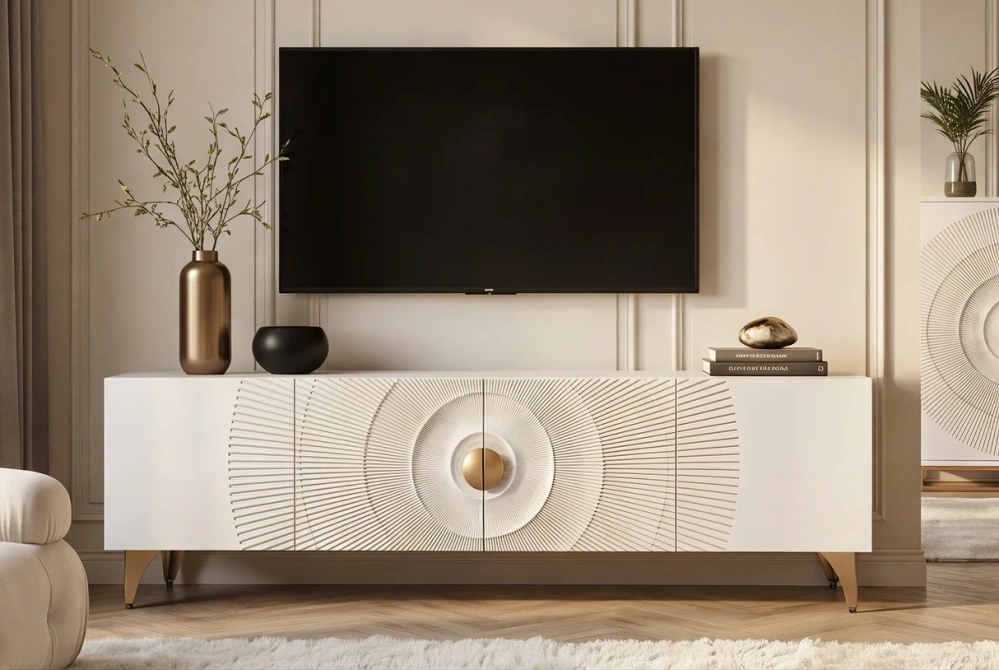 TV stolek zlaté SUNSET 180 cm 3D z mangového dřeva bílé provedení