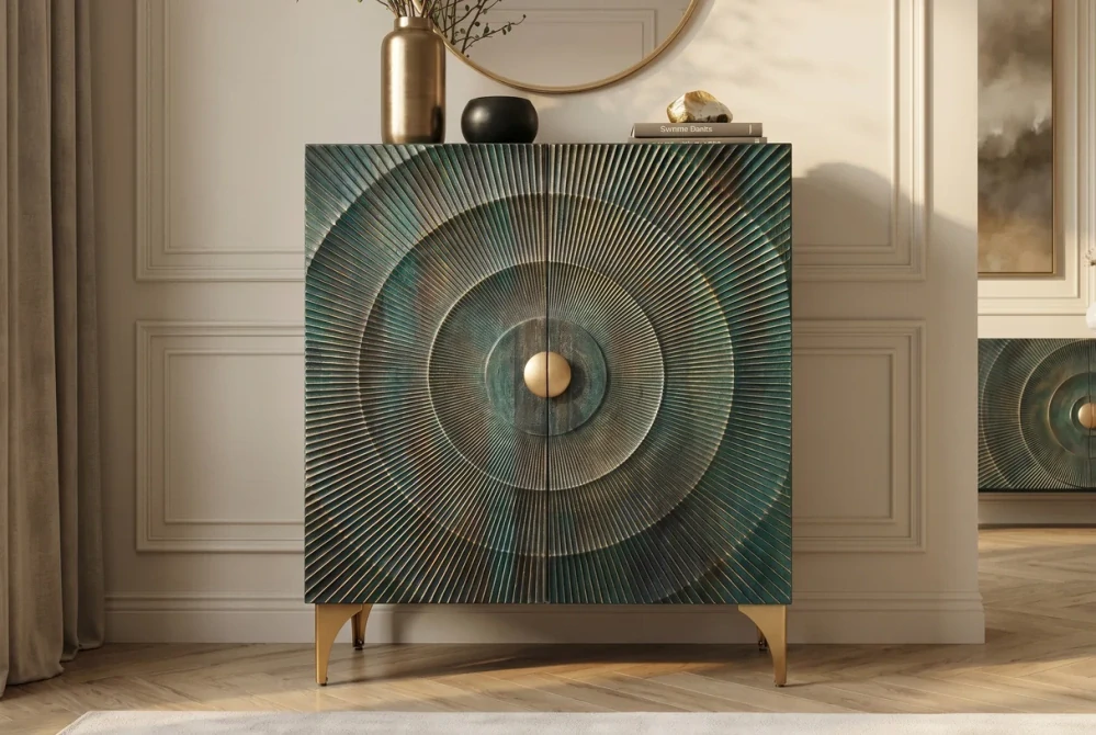 Vysoká komoda zlaté SUNSET 120 cm 3D z mangového dřeva tyrkysové