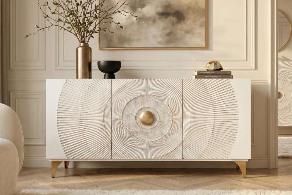 Komoda zlaté SUNSET 140 cm 3D z mangového dřeva bílé provedení