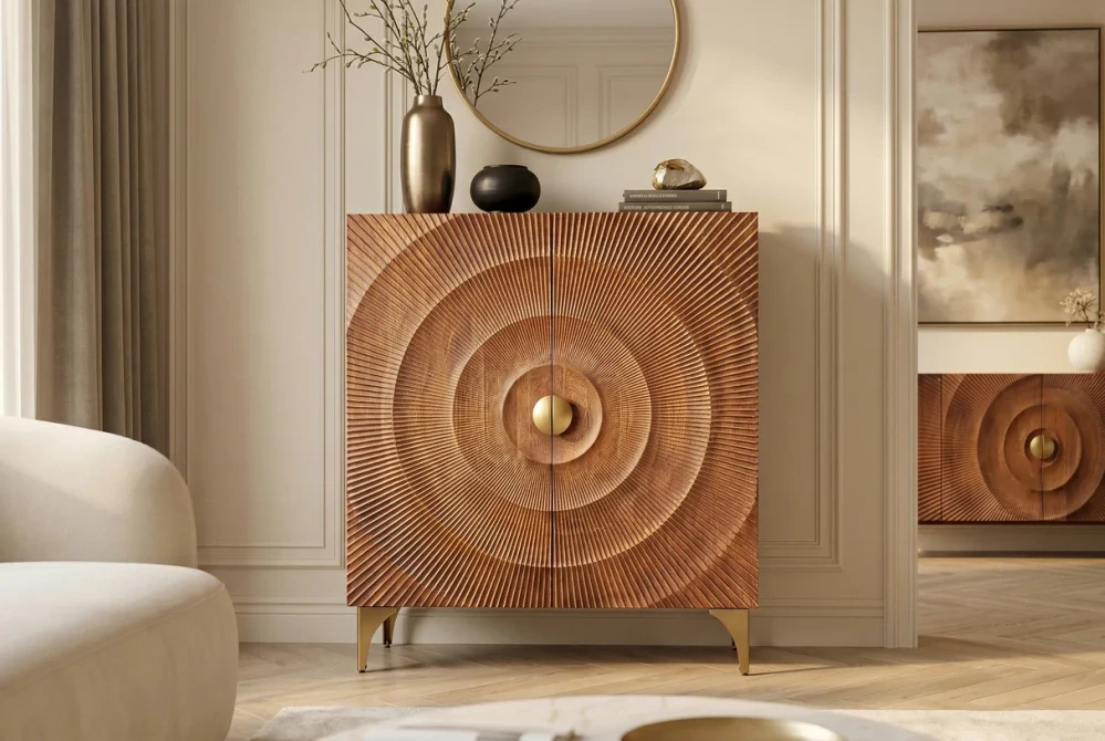 Vysoká komoda zlaté SUNSET 120 cm 3D z mangového dřeva hnědé provedení