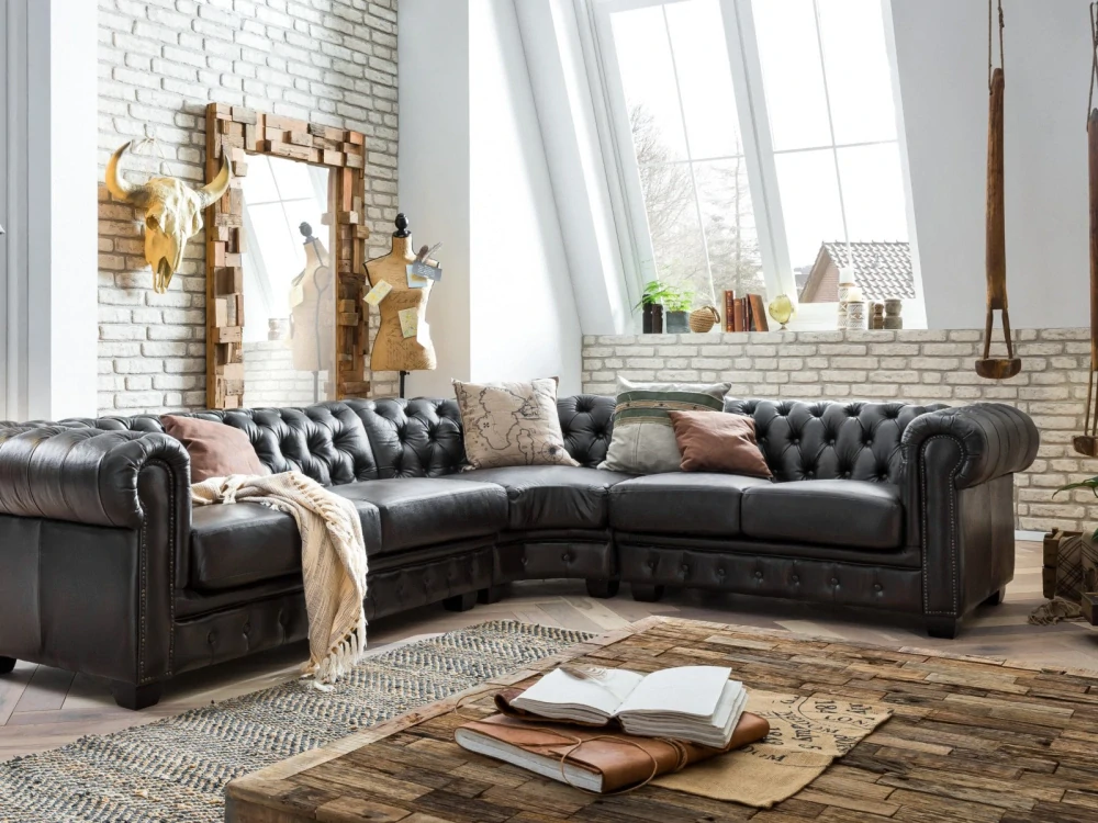 Rohová sedačka Chesterfield z pravé kůže