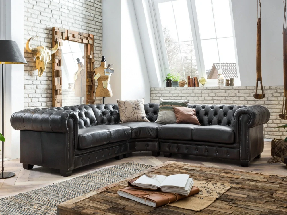 Chesterfield pohovka 4 místná z pravé kůže hnědá