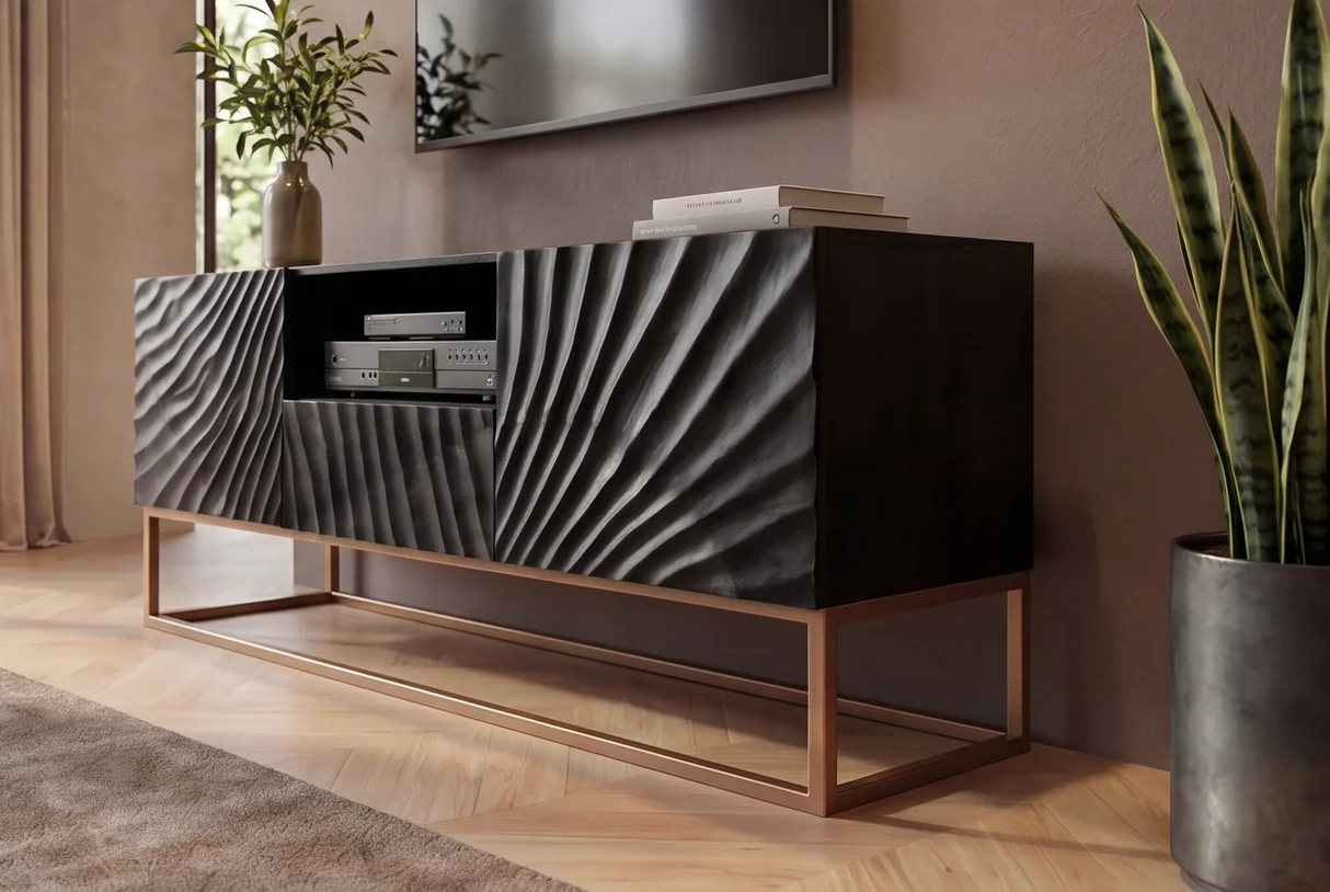 Nízký TV stolek SCORPION 160 cm 3D z mangového dřeva černé provedení