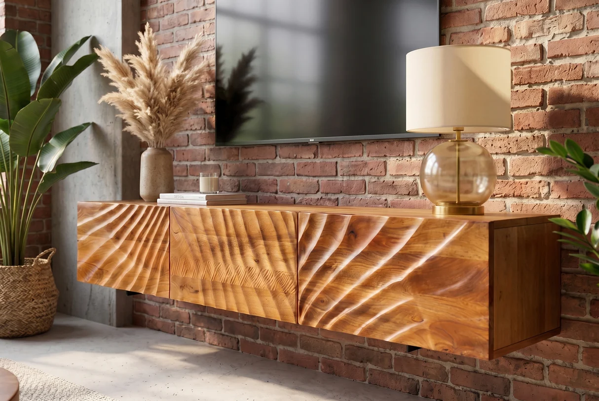 TV stolek SCORPION 160 cm 3D závěsné nízká komoda z mangového dřeva hnědé provedení