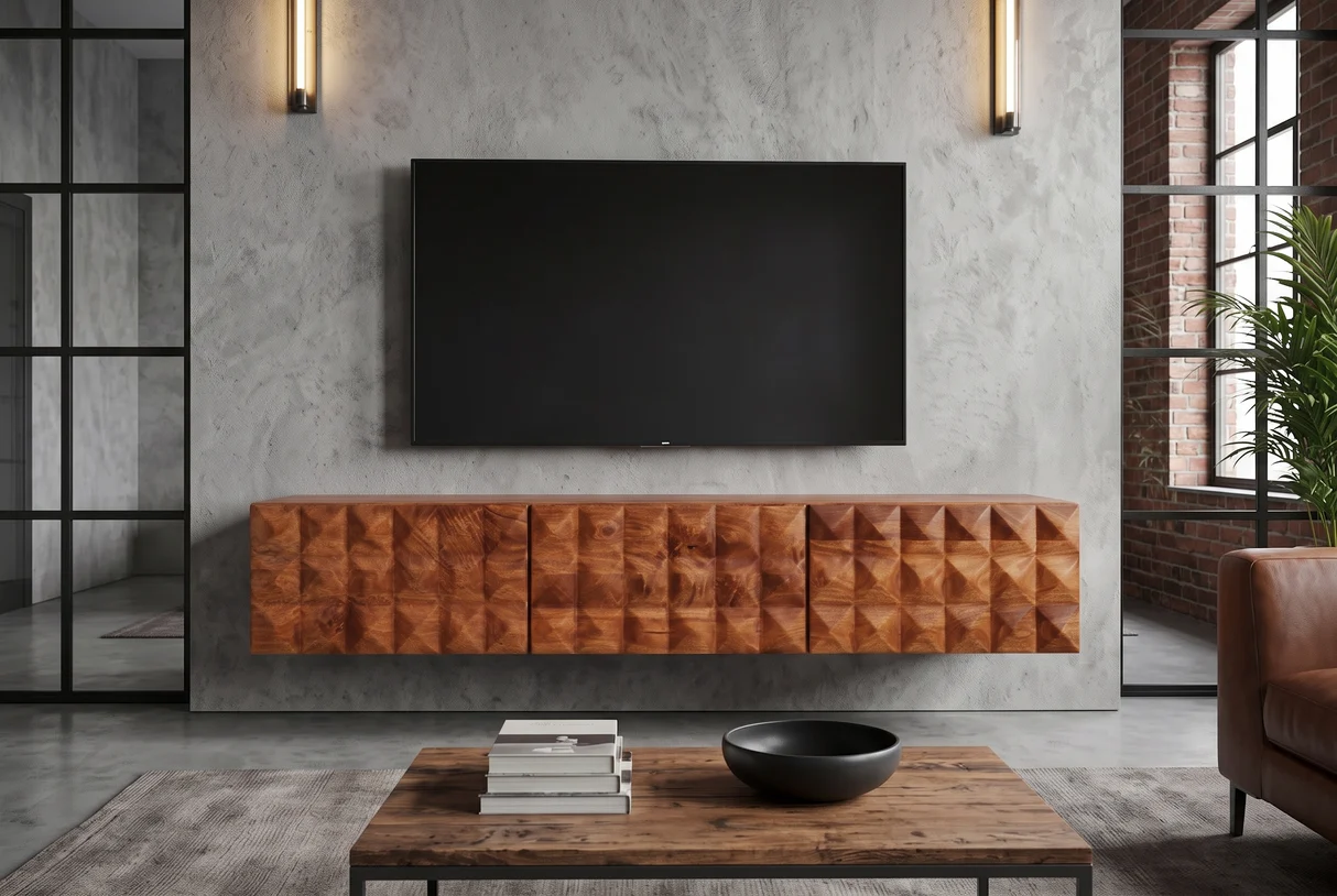 TV stolek VULCANO 160 cm 3D závěsné s cable hole z mangového dřeva přírodní provedení