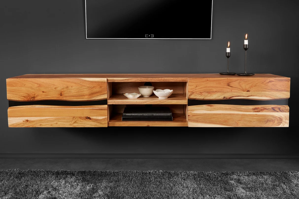TV stolek AMAZONAS 160 cm závěsné z akáciového dřeva přírodní provedení