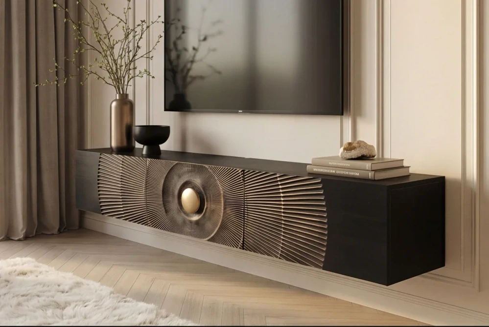TV stolek zlaté SUNSET 160 cm 3D závěsné z mangového dřeva černé provedení