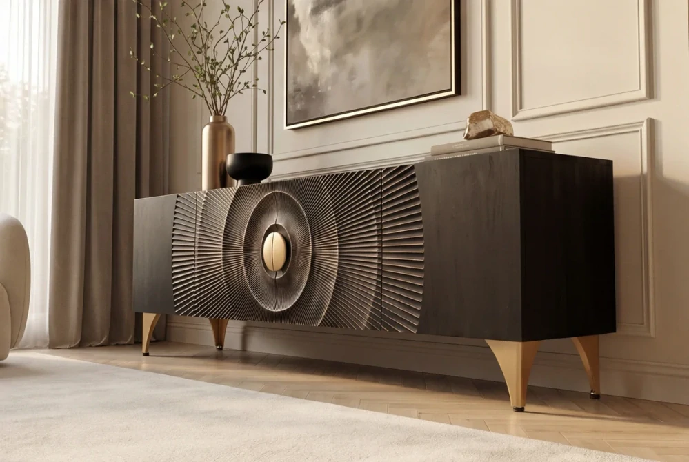 TV stolek zlaté SUNSET 180 cm 3D z mangového dřeva černé provedení