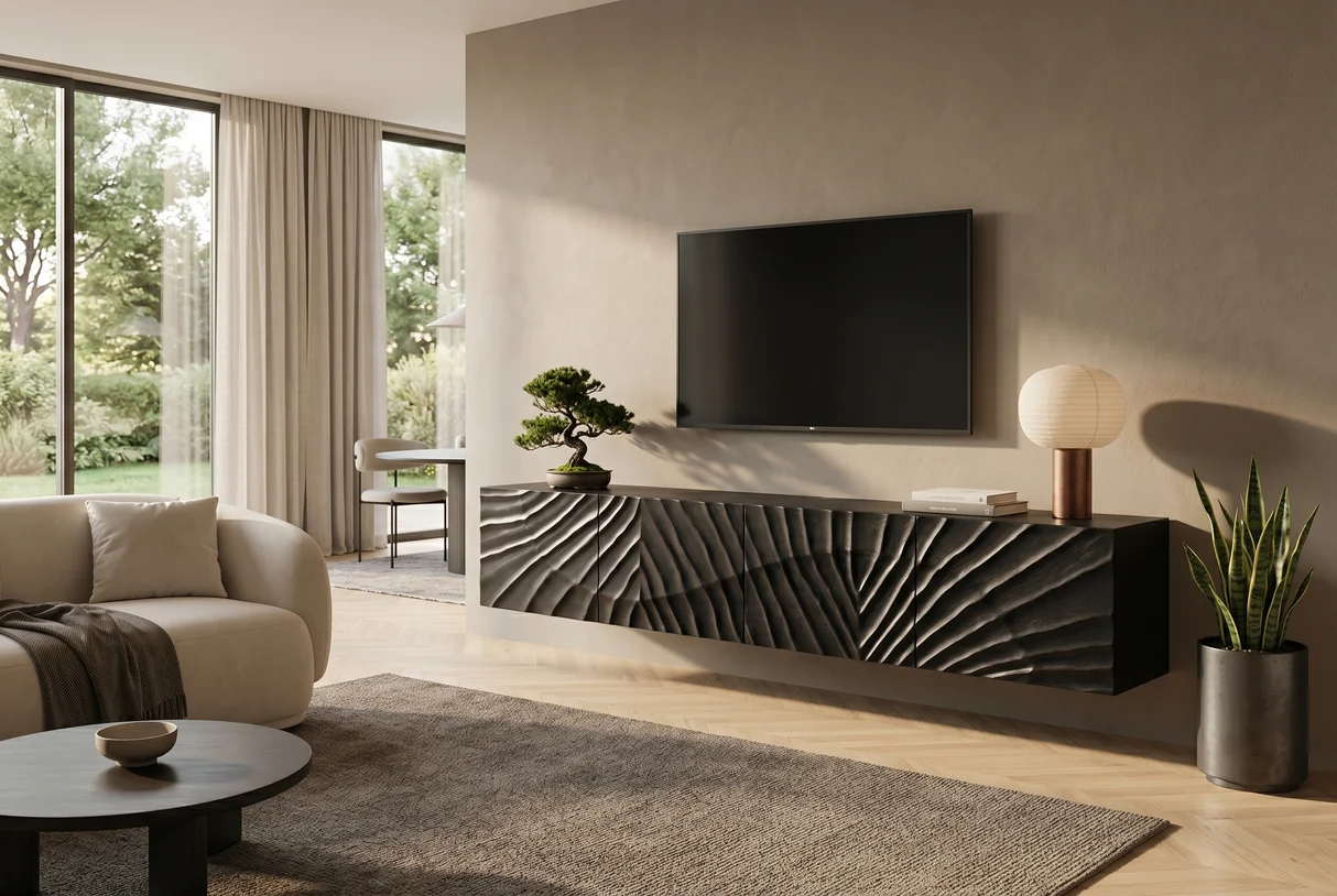 TV stolek SCORPION 200 cm 3D závěsné z mangového dřeva černé provedení