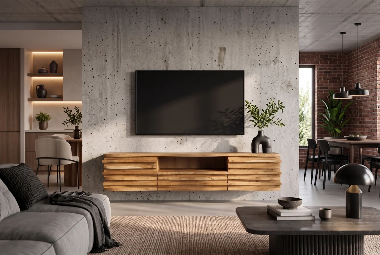 TV nízká komoda RELIEF 200 cm závěsné z akáciového dřeva přírodní provedení