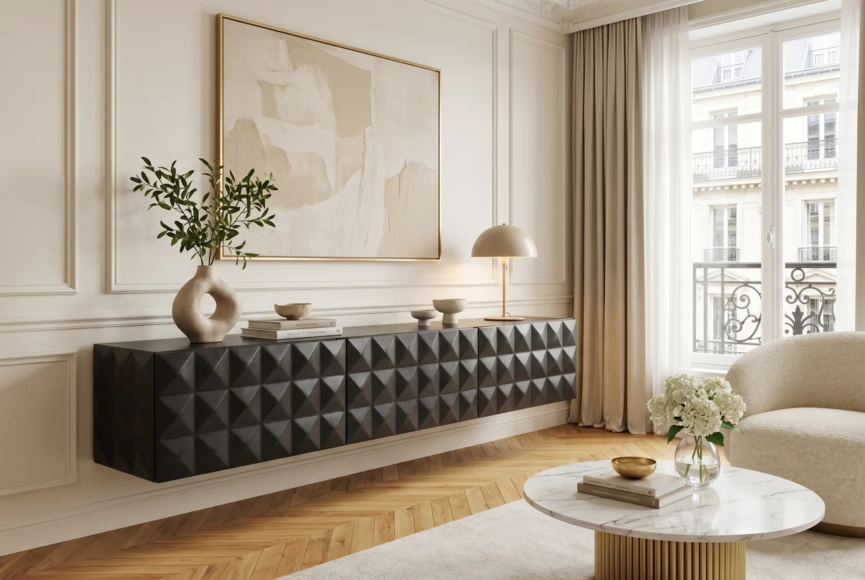 TV stolek VULCANO 160 cm 3D závěsné s cable hole z mangového dřeva černé provedení