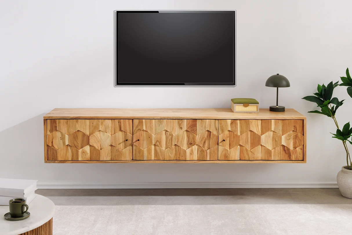 TV stolek MYSTIC LIVING 160 cm závěsné z akáciového dřeva přírodní provedení