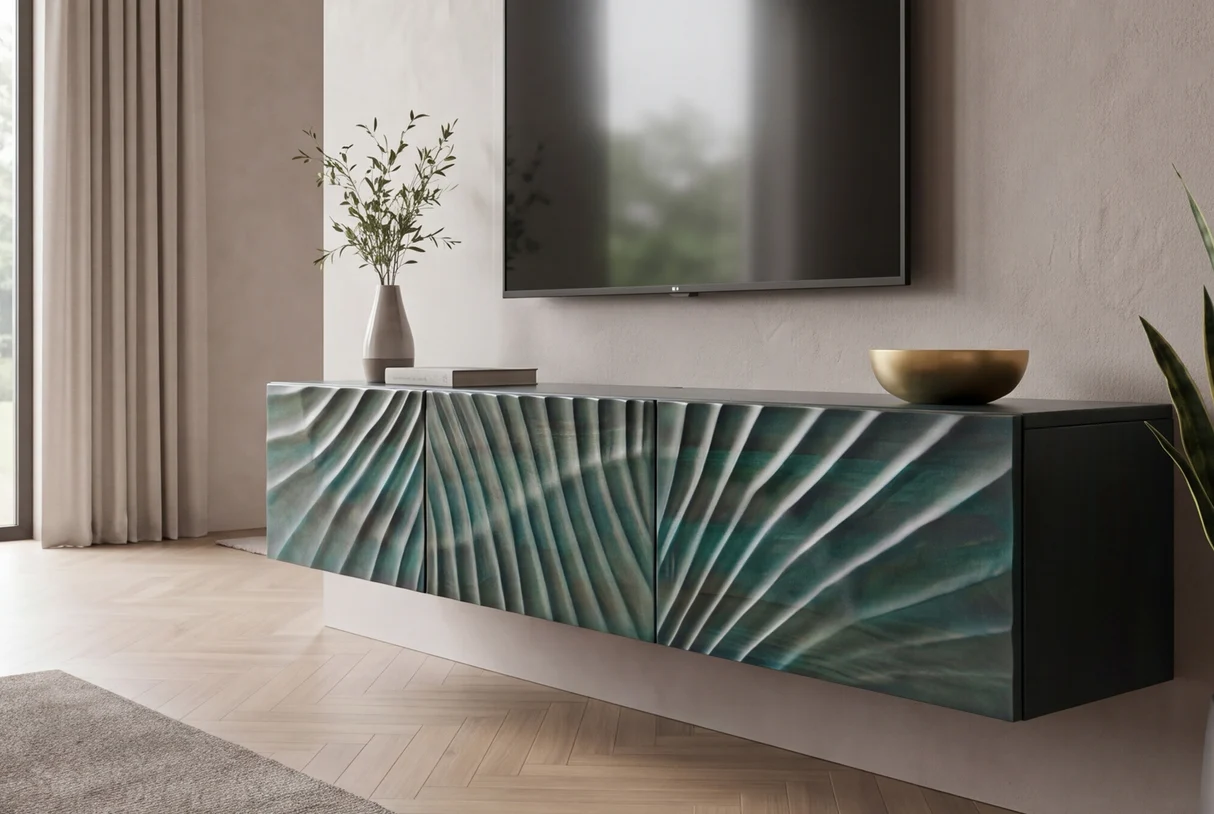TV stolek SCORPION 160 cm 3D závěsné z mangového dřeva tyrkysové