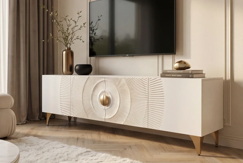 TV stolek zlaté SUNSET 180 cm 3D z mangového dřeva bílé provedení