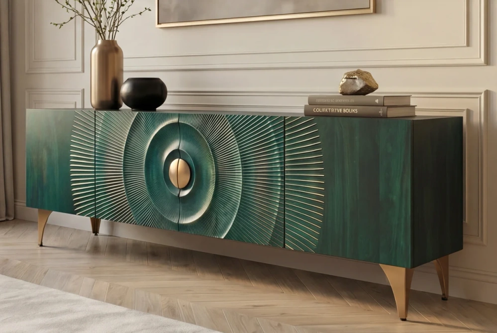 TV stolek zlaté SUNSET 180 cm 3D z mangového dřeva tyrkysové