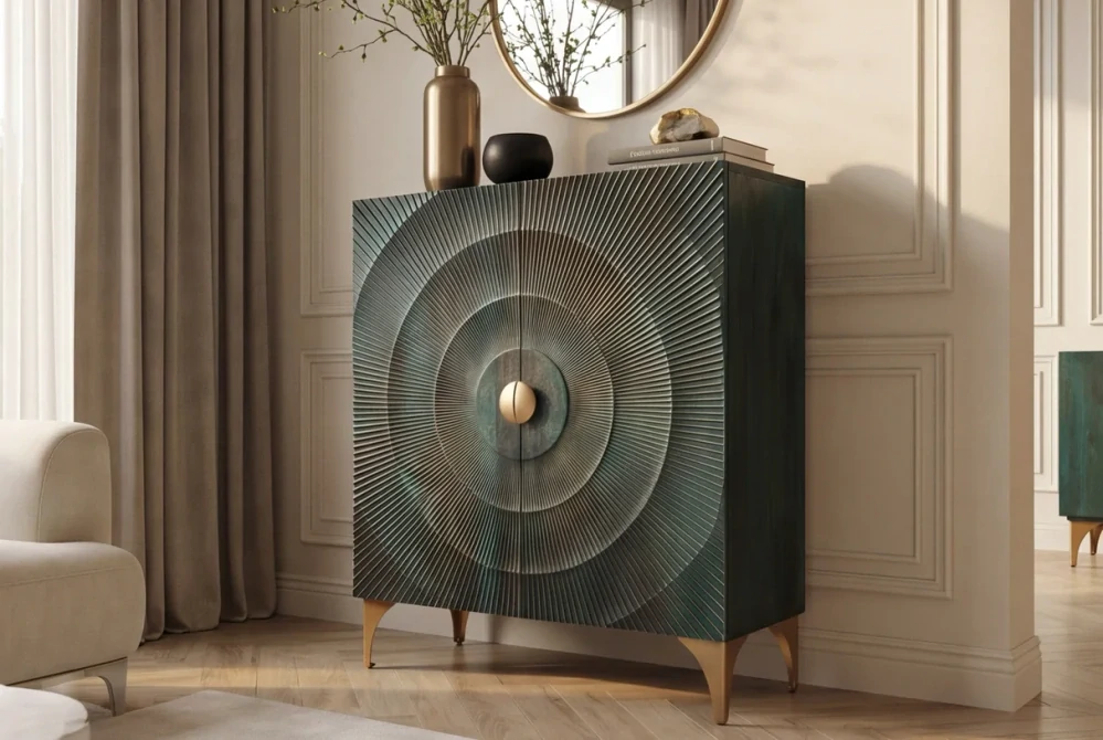 Vysoká komoda zlaté SUNSET 120 cm 3D z mangového dřeva tyrkysové