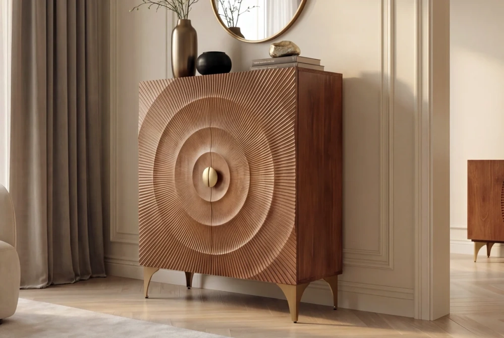 Vysoká komoda zlaté SUNSET 120 cm 3D z mangového dřeva hnědé provedení
