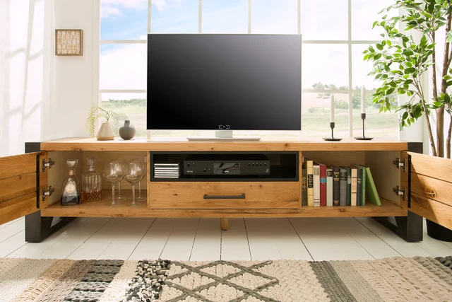 Nízký TV stolek THOR 200 cm z divokého dubu industriální styl