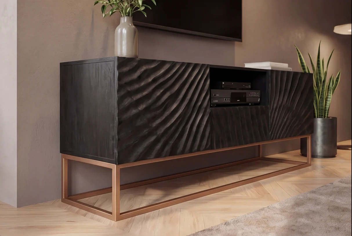 Nízký TV stolek SCORPION 160 cm 3D z mangového dřeva černé provedení