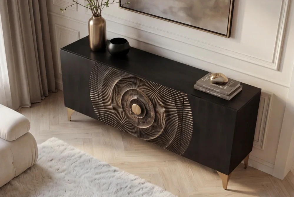 Komoda zlaté SUNSET 180 cm 3D mangové dřevo černé provedení