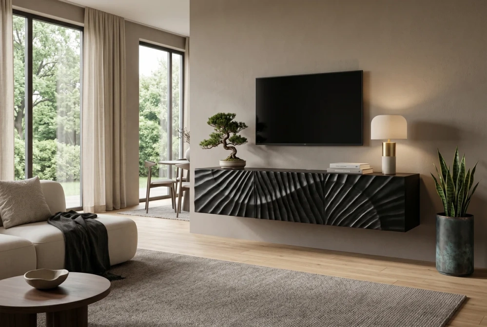 TV stolek SCORPION 160 cm 3D závěsné z mangového dřeva černé provedení