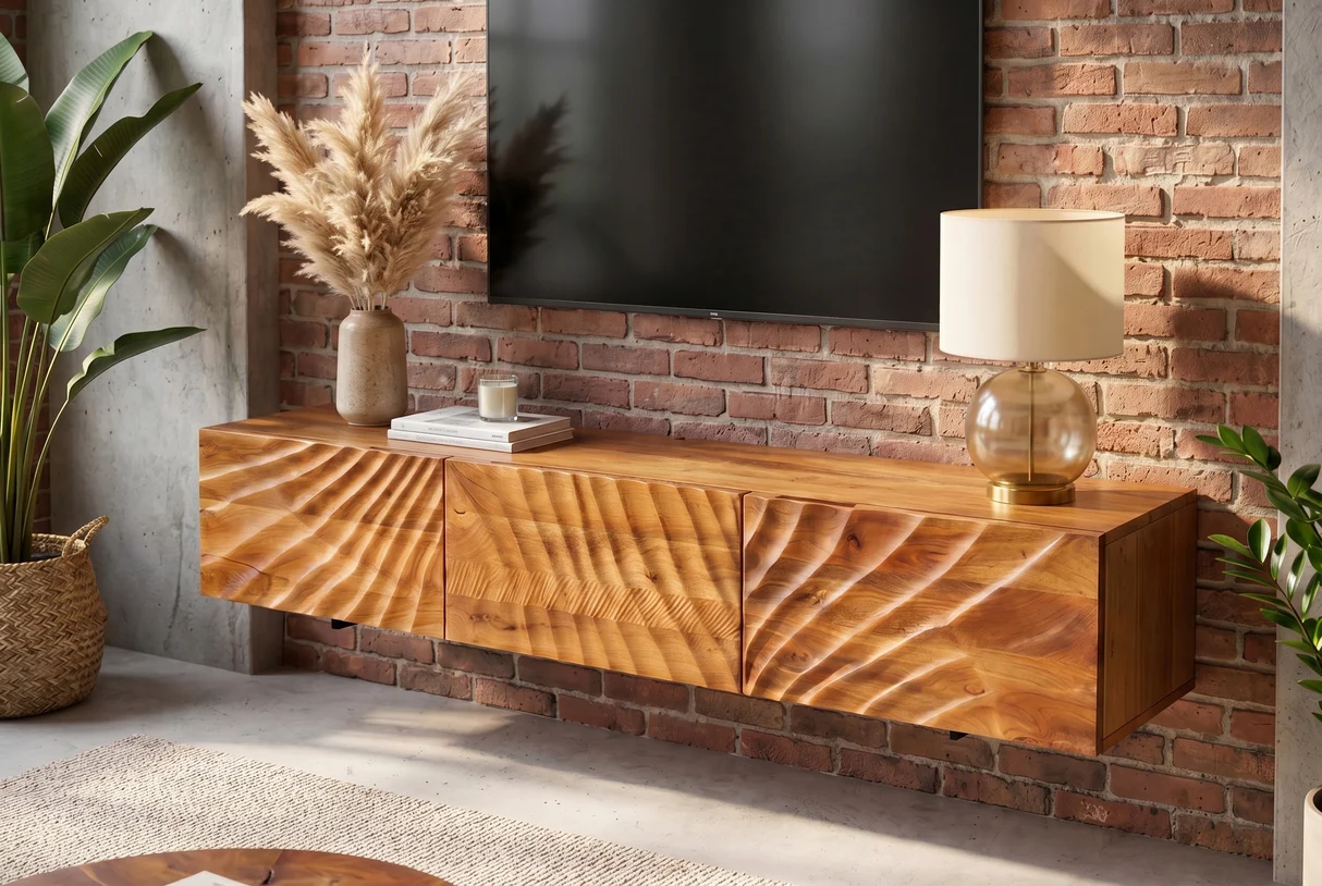 TV stolek SCORPION 160 cm 3D závěsné nízká komoda z mangového dřeva hnědé provedení