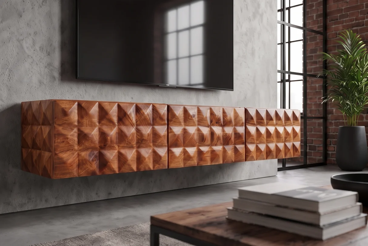 TV stolek VULCANO 160 cm 3D závěsné s cable hole z mangového dřeva přírodní provedení