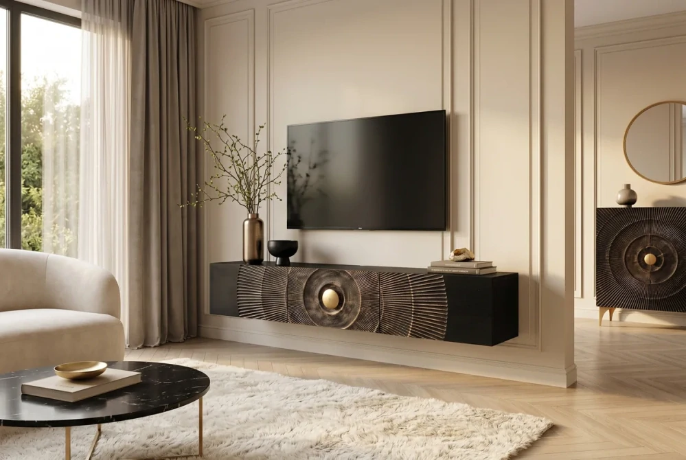 TV stolek zlaté SUNSET 160 cm 3D závěsné z mangového dřeva černé provedení