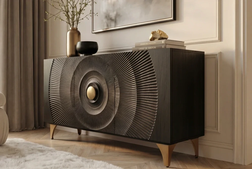 Komoda zlaté SUNSET 140 cm 3D z mangového dřeva černé provedení