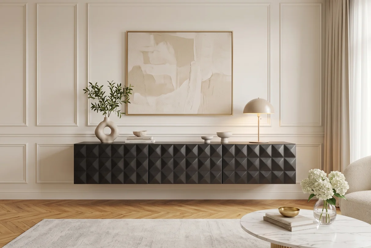 TV stolek VULCANO 160 cm 3D závěsné s cable hole z mangového dřeva černé provedení