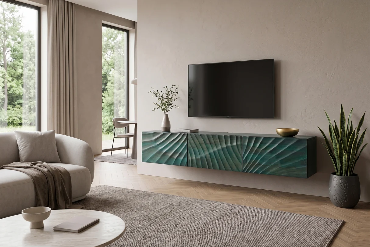 TV stolek SCORPION 160 cm 3D závěsné z mangového dřeva tyrkysové