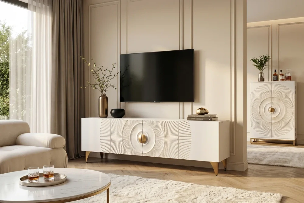 TV stolek zlaté SUNSET 180 cm 3D z mangového dřeva bílé provedení