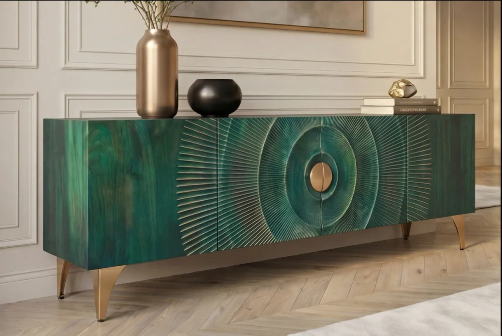 TV stolek zlaté SUNSET 180 cm 3D z mangového dřeva tyrkysové