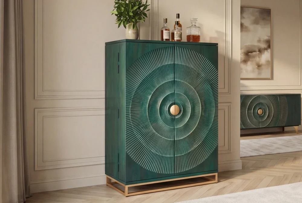 Bar skříňka zlaté SUNSET 140 cm 3D z mangového dřeva tyrkysové