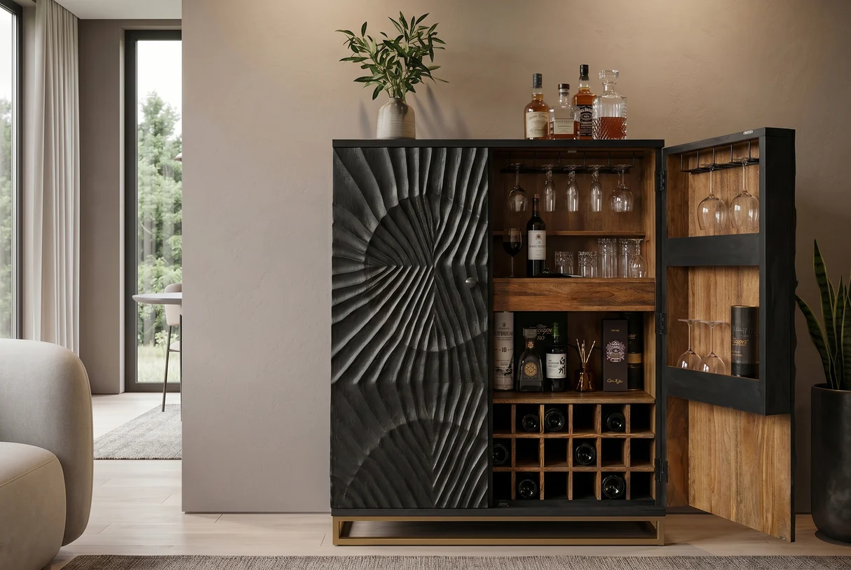Bar skříňka SCORPION 140 cm 3D z mangového dřeva černé provedení