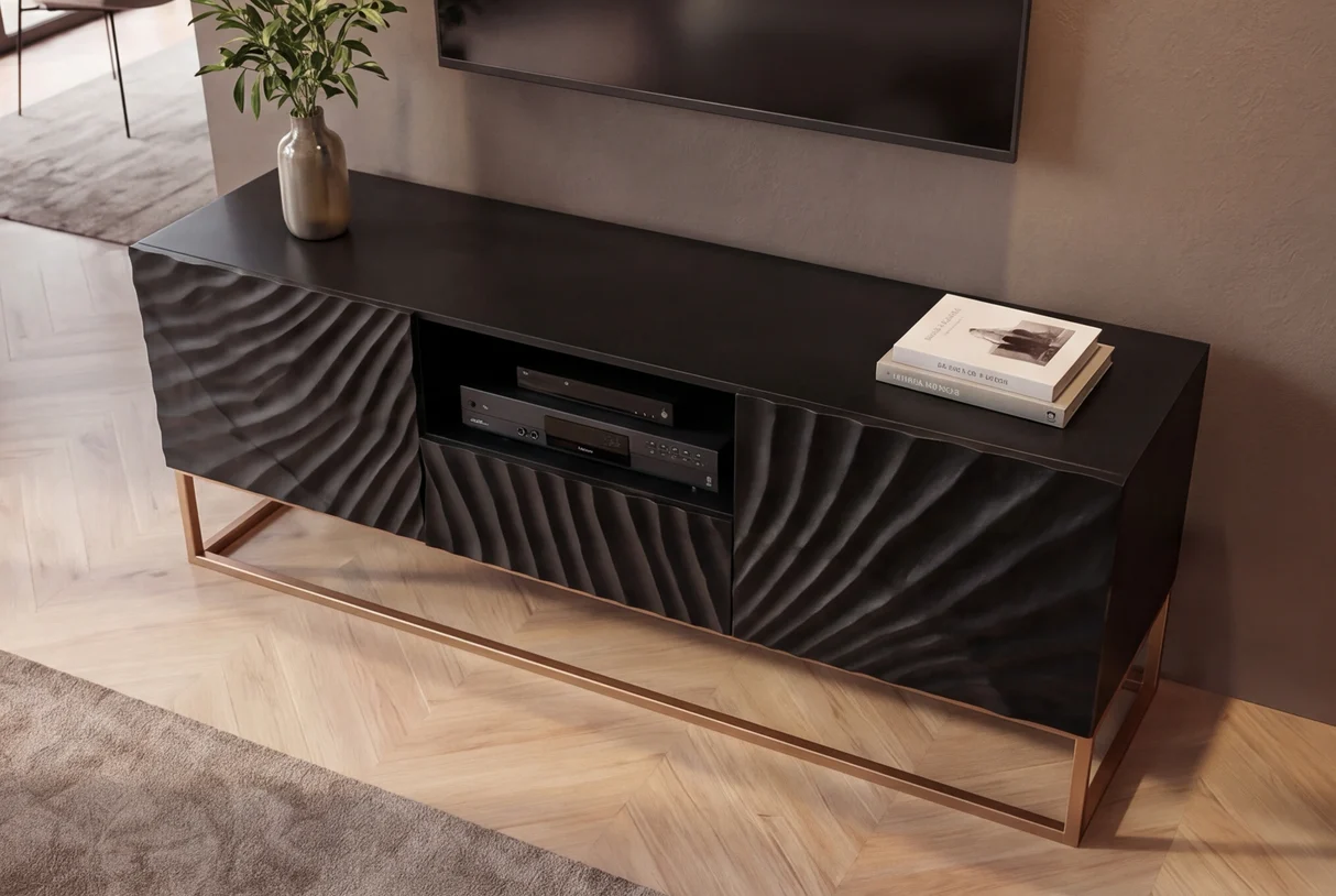 Nízký TV stolek SCORPION 160 cm 3D z mangového dřeva černé provedení