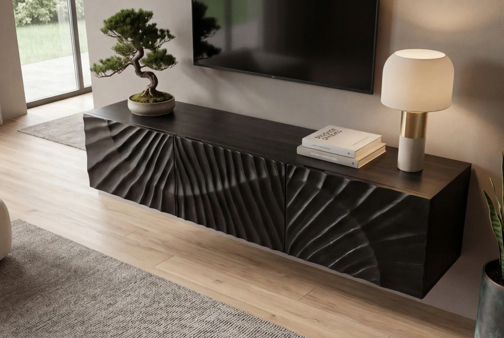 TV stolek SCORPION 160 cm 3D závěsné z mangového dřeva černé provedení