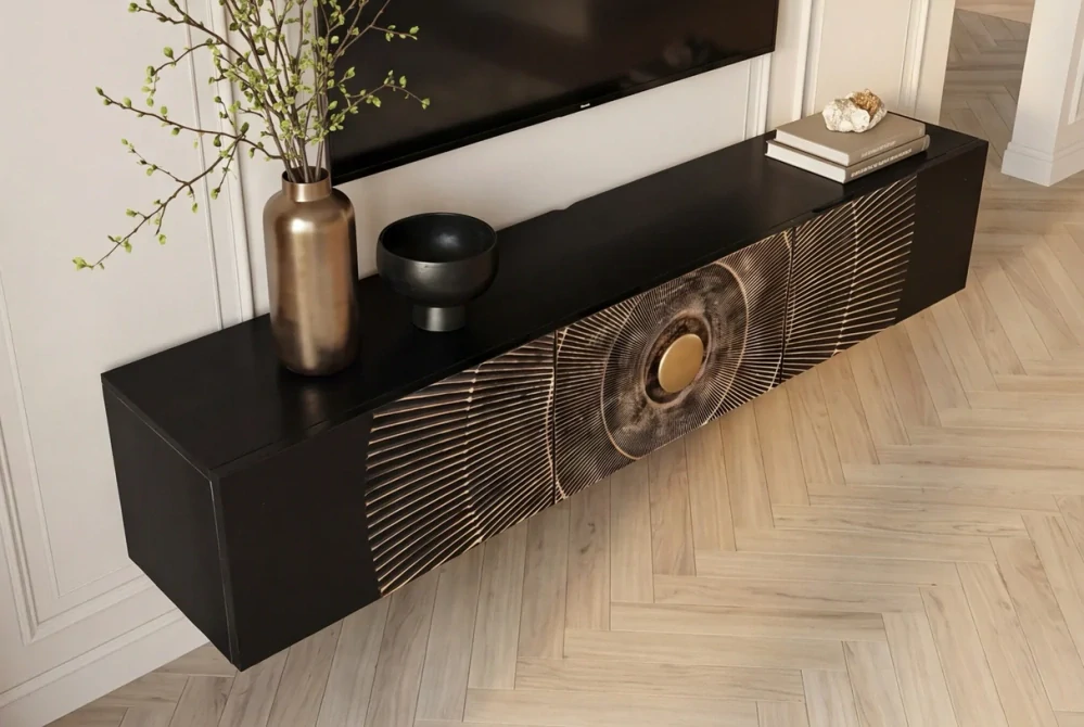 TV stolek zlaté SUNSET 160 cm 3D závěsné z mangového dřeva černé provedení