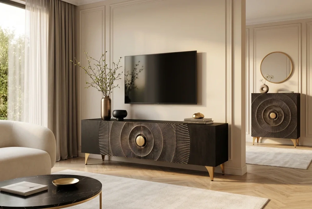 TV stolek zlaté SUNSET 180 cm 3D z mangového dřeva černé provedení